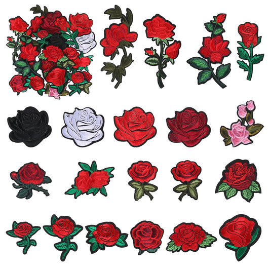 20 PCS Rose Iron on Patches, Iron on Patches for Clothes Rose Flower Embroidery Patch Cute Fabric Repair Patch Embroidered Sew on Flower Patchs for Clothes Hats Jeans Jacket Shoes Bags Dress