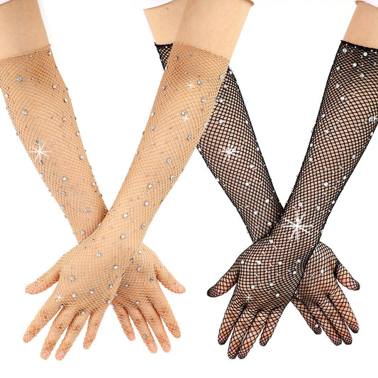 KALIONE 2 Pairs Mesh Gloves, Women Long Gloves, Fishnet Gloves Rhinestone Gloves, Mesh Sparkly Glitter Gloves, Sheer Bridal Gloves Wedding Gloves, Rhinestone Long Fishnet Gloves(Black&Skin Color)