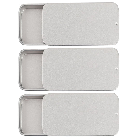 KALIONE 3Pcs Metal Box Containers Empty Slide Top Small Metal Containers 5.51 by 3.34 by 0.47 Inch Rectangular Storage Box Containers for Candies Jewelry Crafts Pills Survival Kit ?Silver?
