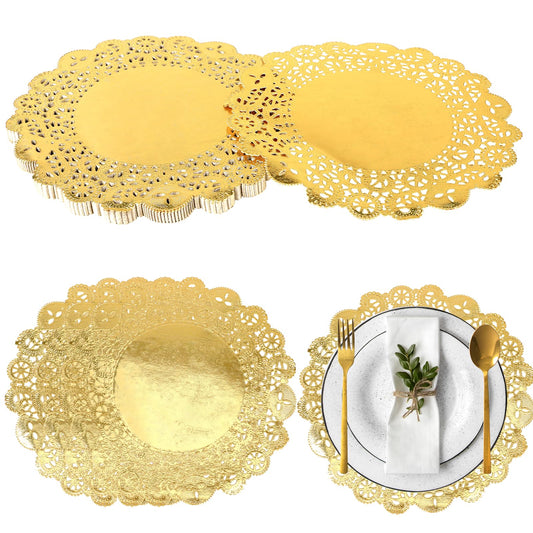 Mozeat Lens Gold Doilies 100 Pack 8 Inch Round Gold Paper Placemats Lace Paper Doilies Decorative Doily for Dining Table Cake Dessert Crafts Christmas Party Wedding Tableware Decor