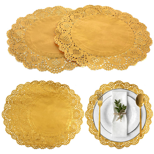 Mozeat Lens 100 Pack Gold Paper Doilies 8 Inch Round Lace Paper Doilies Decorative Paper Placemats Doily for Buffet Cake Fried Food Dessert Dining Table Crafts Party Wedding Tableware Decor