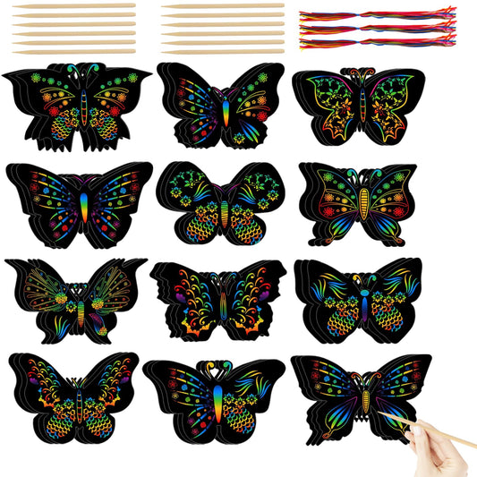 36 PCS Butterfly Scratch Cards Scratch Art Butterfly Party Favors Party Craft Butterflies Crafts for DIY Crafts Birthday Party Halloween Christmas, 12 Styles Bamboo Stylus Included