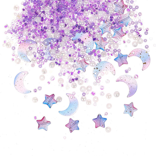 2200Pcs Star Moon Shape Beads Seed Glass Beads for Jewelry Making, Purple Series Acrylic Craft Beads Colored Beads for DIY Craft Bracelets, Pearl Beads Loose Spacer Beads for DIY Crafts