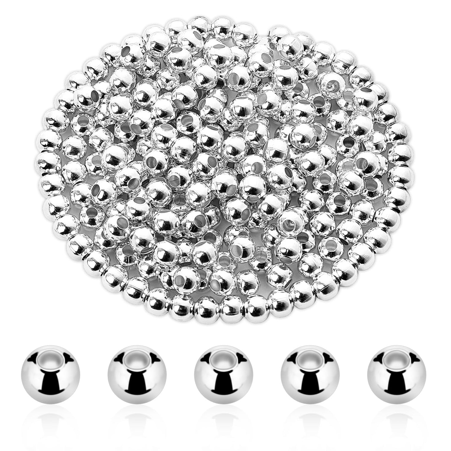 Spacer Beads for Jewelry Making, 200 Pcs 4mm Silver Spacer Beads Round Smooth Spacer Beads Metal Silver Plated Loose Charm Beads with Hole for DIY Jewelry Making Bracelet Necklace Earring Crafts