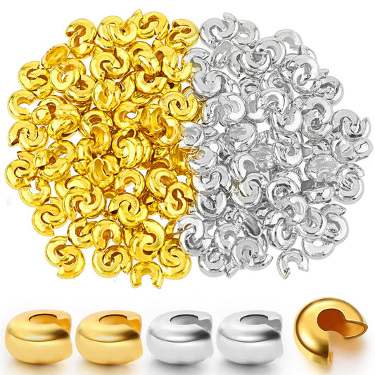 200pcs 5mm Brass Crimp End Beads Covers Open Half Round Crimp Bead Knot Cover Cord End Caps for Jewelry Making Supplies DIY Bracelet Earring, Silver & Gold
