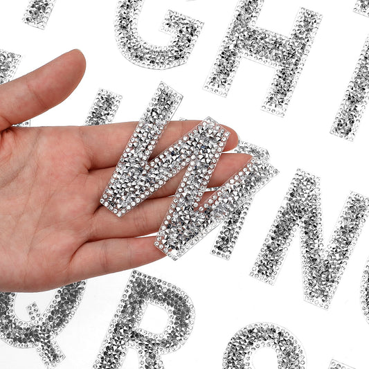 26 PCS Rhinestone Letters Stickers Rhinestone Iron On Patch Glitter Self Adhesive Alphabet A-Z Pearl Bling Rhinestone Letter Silver Crystal Alphabet Stickers for Decors Clothes Bags DIY Craft