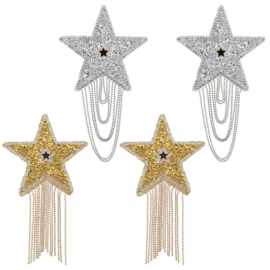4 Pcs Star Iron on Patches Rhinestone Applique Repair Patch with Tassel Chain, Sparkling Clothes Repair Patches Appliques Badge for Hats Clothing Dress Craft DIY Decoration