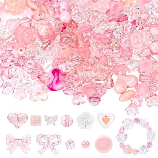 150 Pieces Acrylic Cute Beads Acrylic Pink Assorted Beads Flower Butterfly Star Shell Shape Colorful Candy Beads for Bracelets Making Necklaces Key Chains Jewelry DIY Crafts