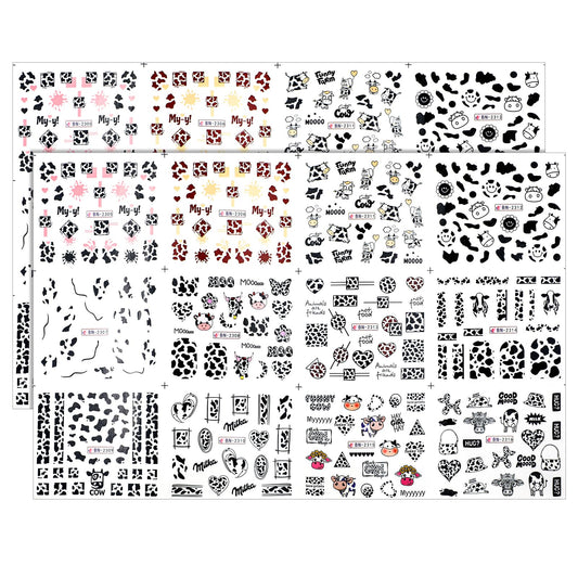 24 Sheets Nail Art Stickers Cow Print Stickers Adhesive Nail Decals Cute Stickers Anime Nail Stickers for DIY Supplies Nail Design Sticker for Women Girls Manicure Charm Accessories