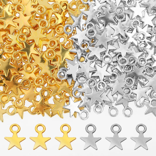Pack of 200 Star Charms Gold Pendant Silver Jewellery Pendant Metal Key Ring Decoration DIY Pendant for Crafts Pendant Charm for DIY Bracelet Earring Necklace Jewellery Making, 10 x 8 mm, Alloy Steel