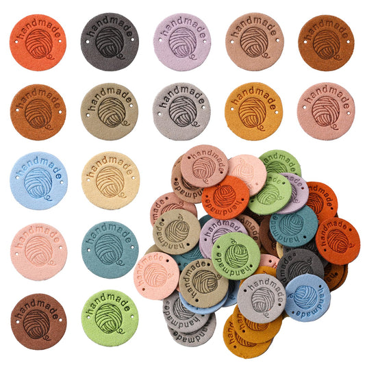 45PCS Handmade Leather Labels Colorful Crochet Tags Leather Labels with Holes Round Clothing Embossed Crochet Label for Crafts Crochet Fabric Hat Purses Clothing Handbag Luggage, 15 Colours