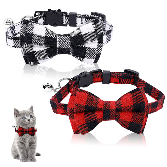 2 Pcs Cat Bow Collar Detachable Cat Collar with Bell Cute Plaid Collars Breakaway Cat Bow Tie Collars Adjustable Kitten Collars for Girl Boy Cats