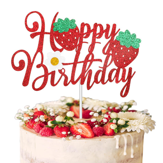 Hariendny Cake Topper, Berry Birthday Decorations, Red Glitter Strawberry Theme Party Supply for Cake