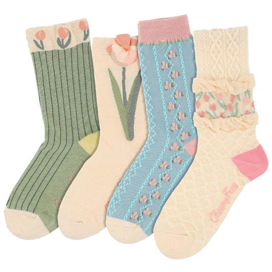 KALIONE 4 Pairs Women's Floral Socks, Vintage Flower Socks Cotton Frilly Socks Cute Casual Crew Socks for Women Girls Daily Wear