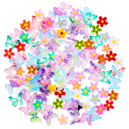 120PCS Resin Flower and Butterfly Charms, Mini Flatback Daisy Cabochons, Tiny Resin Butterflies Miniature Ornaments, Colors Embellishments for DIY Craft Jewelry Making Scrapbooking Hair Accessories
