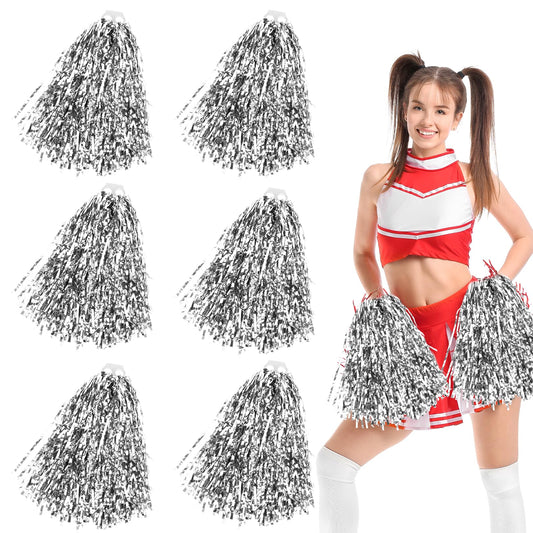 KALIONE 6 Pack Cheerleading Pom Poms with Handle Cheerleader Pompoms Metallic Foil Pompoms for Sports Team Spirit Cheering Party Dance(Silver)