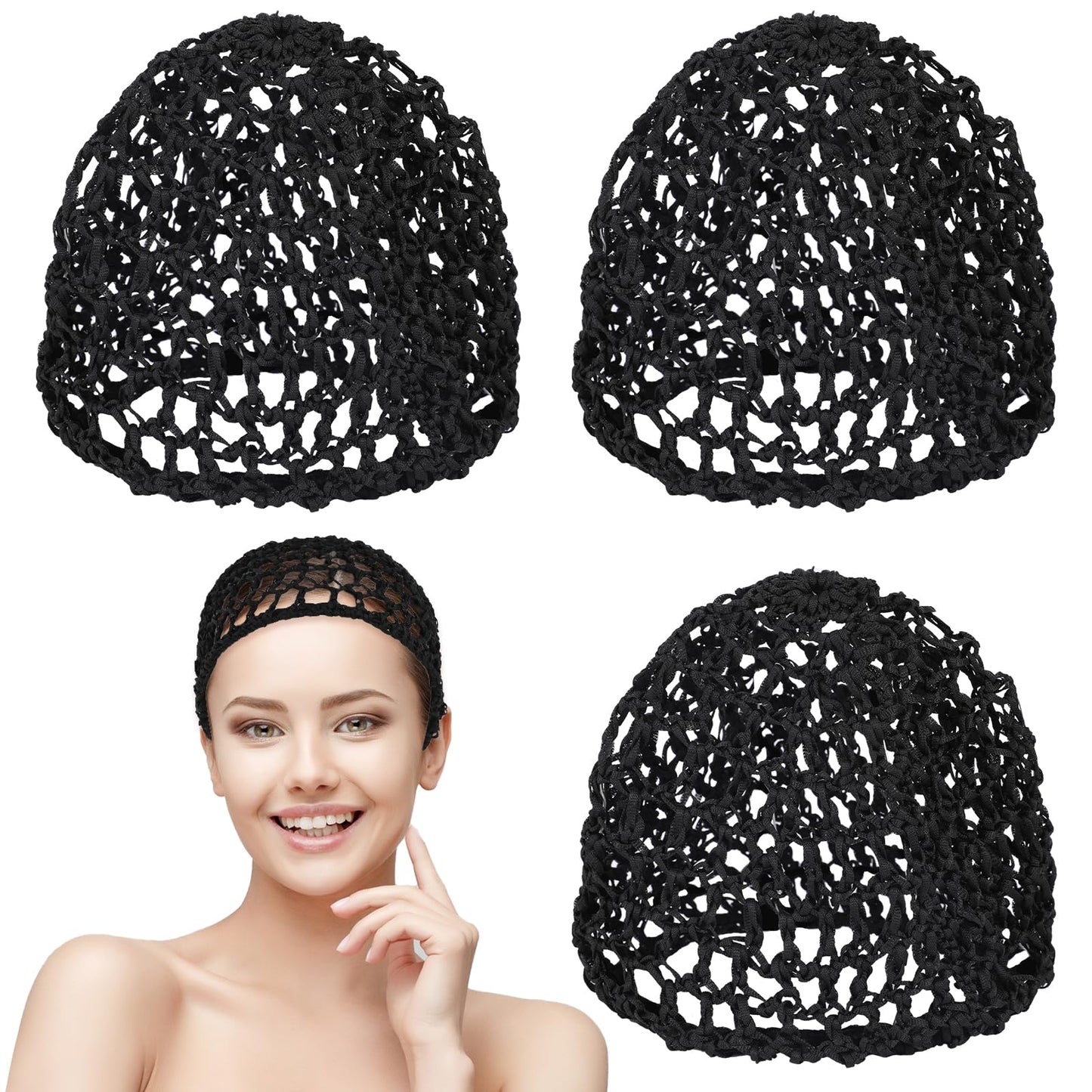 3Pcs Hair Net Crochet Hair Net, Mesh Crochet Hair Net, Women Mesh Hair Net for Sleeping, Womens Hats Mesh Crochet Hair Net, Black Hair Net Cap, Knitted Hair Net Hair Accessories(Black)