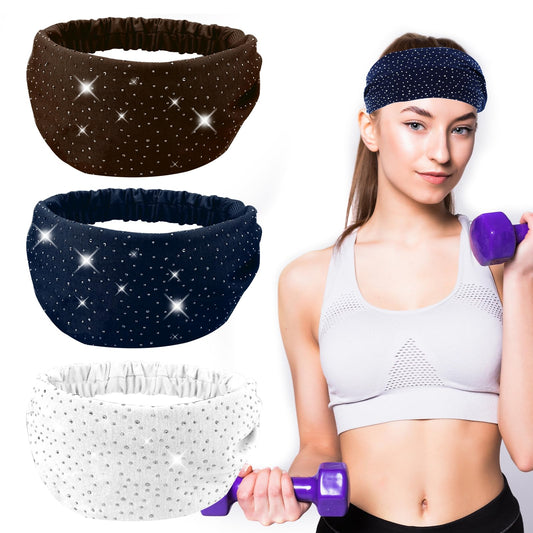 Headband for Women, 3 Pcs Crystal Wide Stretchy Head Scarf Bling Turban African Head Wraps Non Slip Sport Hair Bands Fancy Sparkle Sequin Headband Elastic Rhinestone Hair Wraps for Gym Yoga Exercise