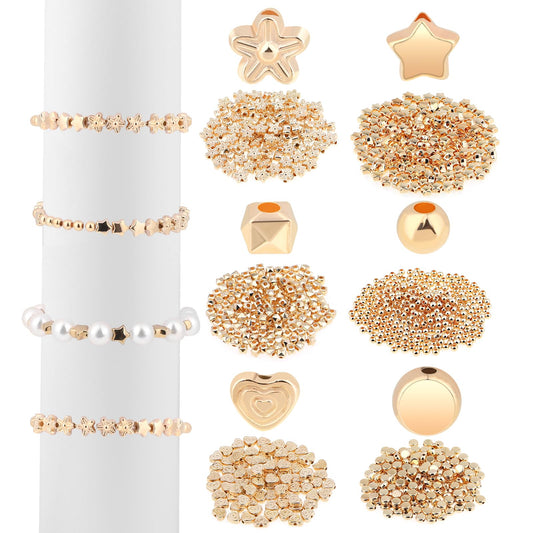 1200pcs Gold Spacer Beads Bracelet Making Kit Star Beads Round Ball Beads Faceted Spacer Beads Heart Beads Flower Beads Flat Disc Beads for Bracelet Jewelry Making Crafts Gifts Set