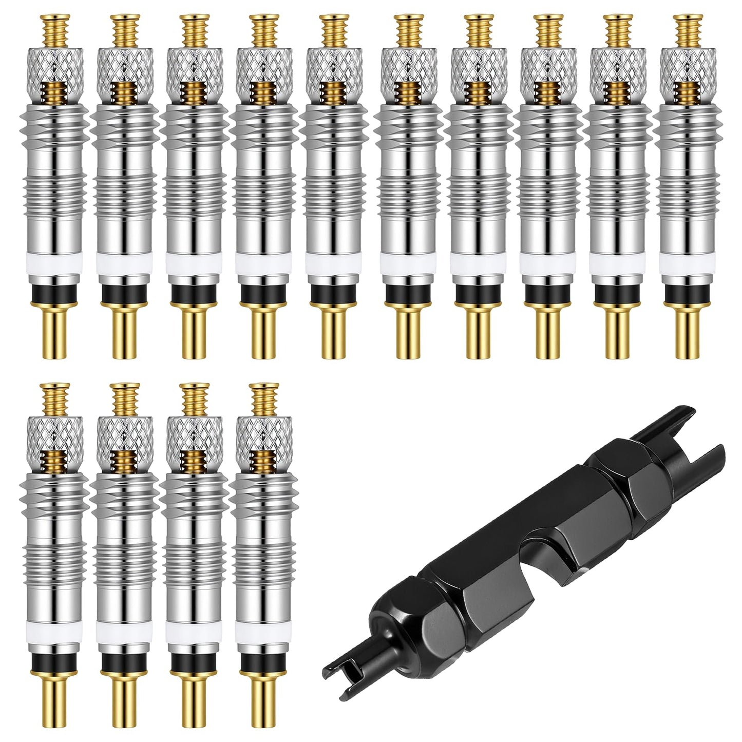 14pcs Presta Valve Core with 1Pcs Valve Core Removal Tool, Aluminum Alloy MTB Tire Valves Stem Replacement Kit Presta Valves Stem Remover Universal Bicycle Repair Tool Kit for Tubeless Road MTB Bike