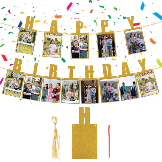 Happy Birthday Photo Banner Personalized Happy Birthday Sign with Illustration Annual Milestone Golden Happy Birthday Banner Annual Milestone Wreath for Adults Birthday Personalized Party Decoration