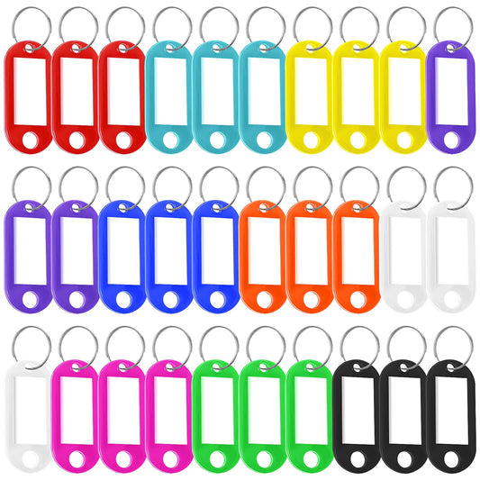 Pack of 30 Key Rings with Writeable Labels Coloured Labels Plastic Key Fob with Loops Key Fob Writeable Keyring Holder with Label Window (10 Colours)