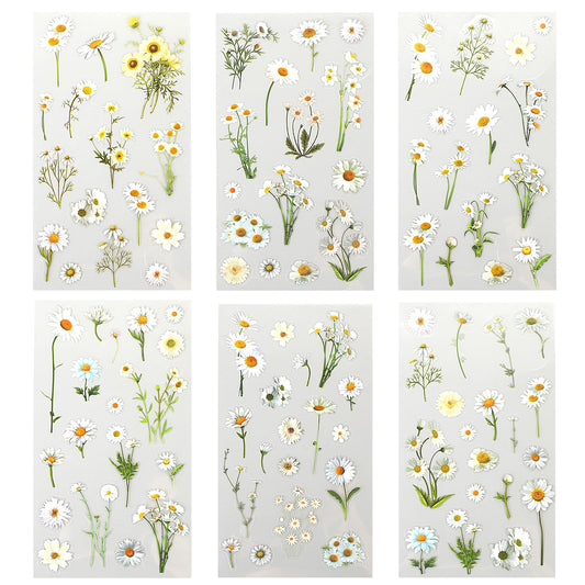 Daisy Stickers, 6 Pcs Decals for Crafts Waterproof Flower Stickers Transparent White Daisy Vinyl Flower Themed Decals for Scrapbook Supplies Card Making Journaling Water Bottles DIY Crafts Decoration
