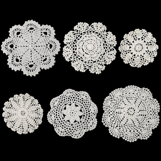 6Pcs Handmade Cotton Crochet Doilies Lace Table Vintage Crochet Doilies 6 to 8 Inch Round Cotton Fabric Placemats Doilies for Tables Kitchen Dining Room Dessert Coasters Party Wedding Birthday
