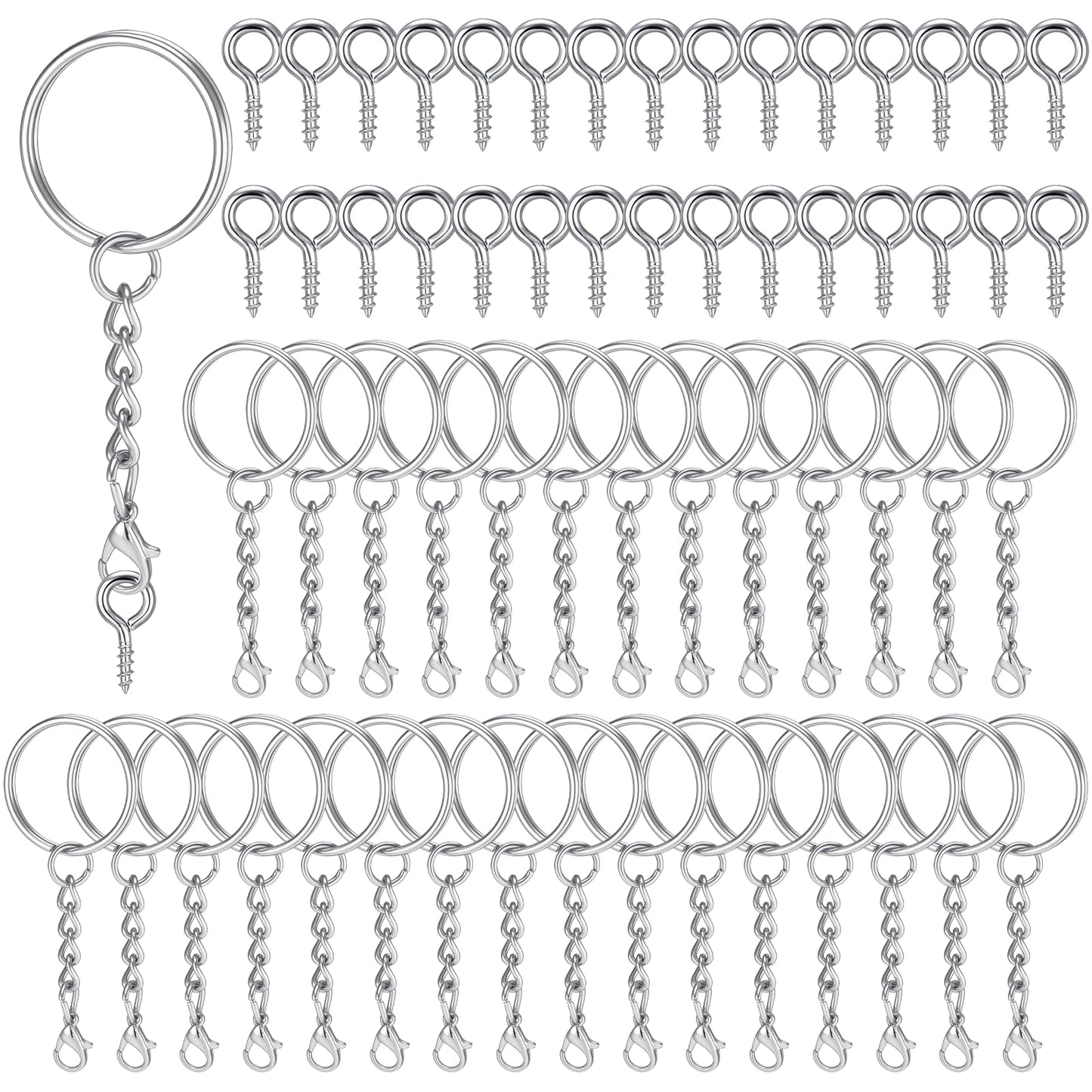 Pack of 60 Key Rings Carabiner Key Rings Crafts, 30 Pieces Key Rings with Chain + 30 Screw Eye Pins, Key Ring Blank for DIY Keys Making Crafts (Silver)