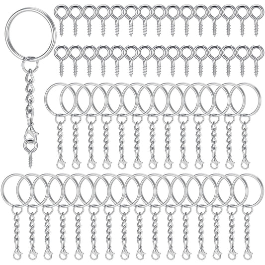 Pack of 60 Key Rings Carabiner Key Rings Crafts, 30 Pieces Key Rings with Chain + 30 Screw Eye Pins, Key Ring Blank for DIY Keys Making Crafts (Silver)