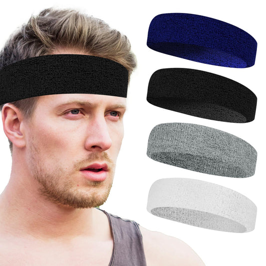 4Pcs Sweatbands Sport Headbands for Men & Women Headbands for Men Terry Cloth Sweat Band for Tennis, Basketball, Working Out, Running, Working, Gym