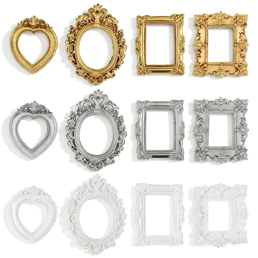 12 PCS Mini Vintage Frames Baroque Antique Mini Picture Frames Small Photo Frame Miniature Jewelry Display Table Wall Hanging Frame for Christmas DIY Photo Holiday Party Wedding Decoration, 3 Colors