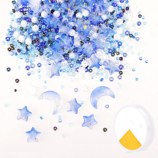 2200Pcs Star Moon Beads Seed Glass Beads for Jewelry Making, Blue Series Acrylic Craft Beads Colored Beads for DIY Craft Bracelets, Pearl Beads Loose Spacer Beads for DIY Crafts