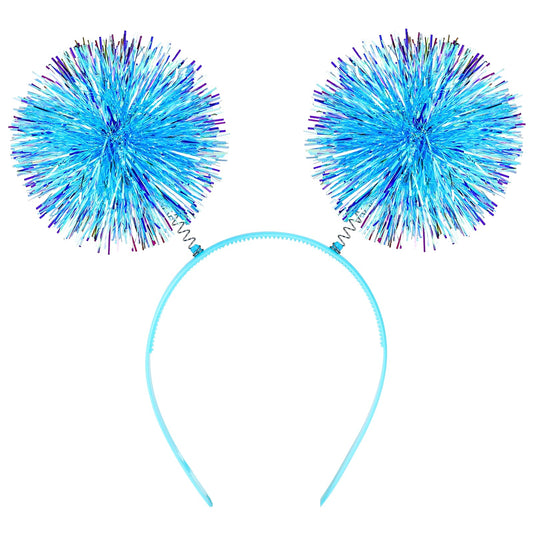 KALIONE Foil Strips Disco Fuzzy Balls Fashion Headband Fluffy Ball Hair Loop Blue Pom Pom Headbands Tinsel Headband for Women Girls Halloween Birthday Christmas Party