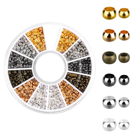 720 Pcs Crimp Beads Set Crimp Beads Cord End Caps 2 mm 2.5 mm Mixed Rondelle Beads with Storage Box Loose Beads Spacer for Jewellery Making (6 Colours)