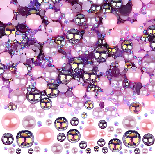 75g Purple Flatback Nail Pearls Half Pearls Rhinestones Mix Kit, 2-10mm Flat Back Resin Half Pearls Rhinestones for Nail Arts DIY Crafts Clothes Face Art Decoration Shoes Scrapbooking (Purple)
