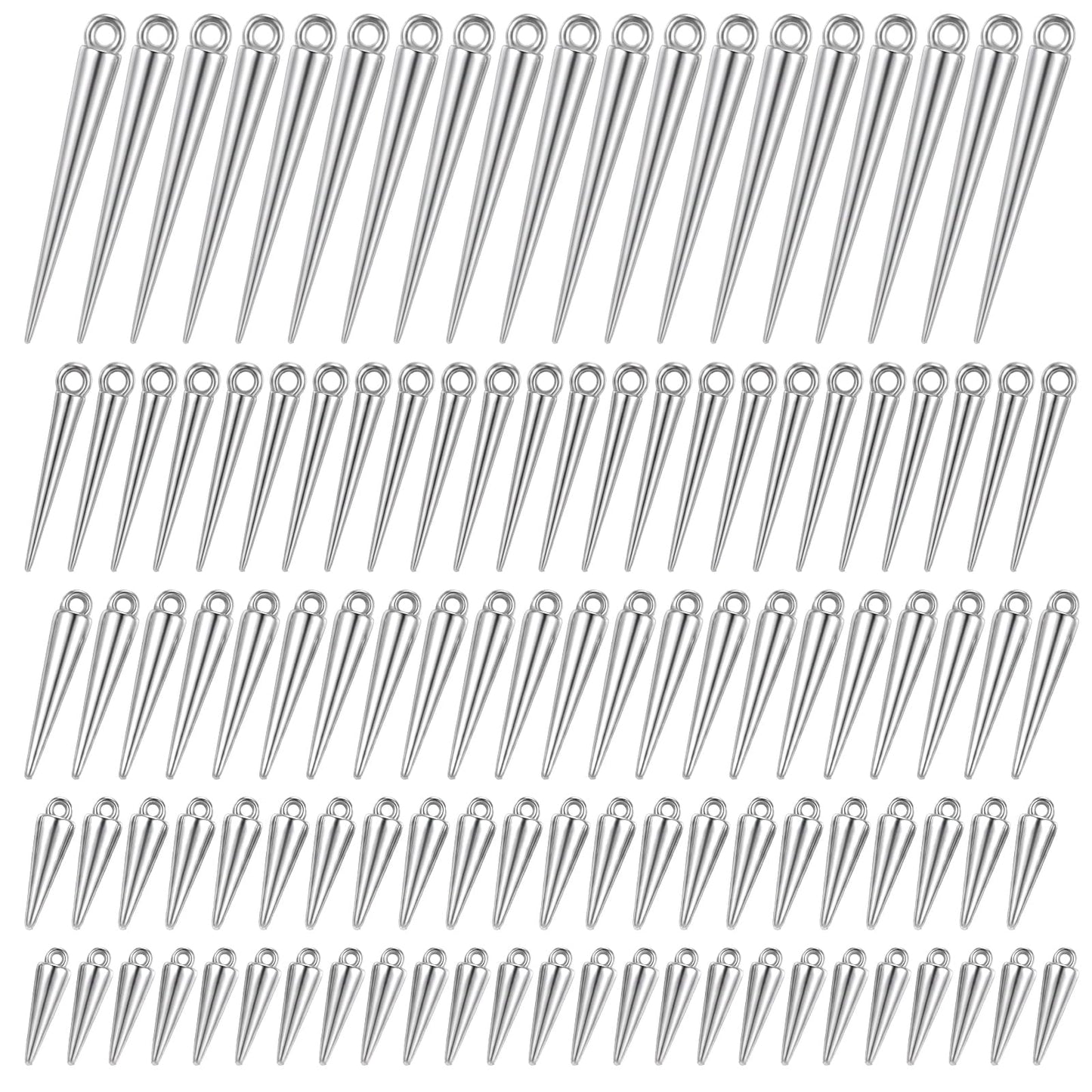 Pack of 135 Stainless Steel Pendants, 5 Sizes, Cone Pendants, Long Silver
