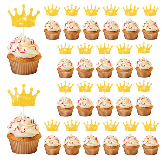 24pcs Gold Glitter Queen Crown Cupcake Toppers Crown Cake Toppers Crown Cupcake Decors for Princess Party Decorations for Birthday Baby Shower Wedding