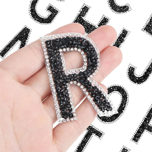 26 Pcs Rhinestone Iron on Letter Patches Bling Rhinestone Letters Glitter A-Z Alphabet Applique Letters Iron on Patches Pearl English Letter for Clothing Hats Jeans Shoes DIY Craft Black