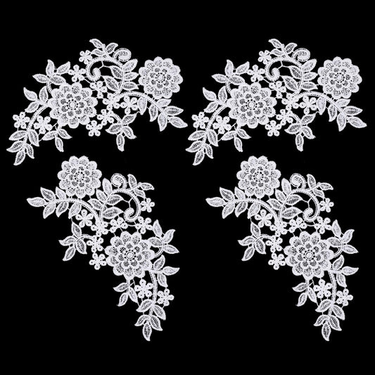 4PCS White Laces Appliques Embellishments, Lace Embroidery Patches, 3D Flowers Lace Applique, Vintage Soild Polyester Embroidery Patches for Sewing Making Dresses Clothes Wedding Decor Bags DIY Crafts