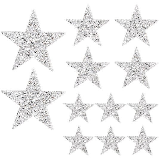 12pcs Star Iron On Patches Rhinestone Silver Adhesive Applique Stickers Sequin Vintage Patch Fabric Patch Stars Glitter Crystal Patches for Jeans, Jackets, Caps, Dress, Bag, DIY Clothing Repair