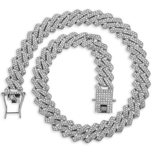 salbsever Cuban Link Chain Rhinestone Necklace ilver Miami Cuban Necklace Bling Diamond Chain for Men and Women