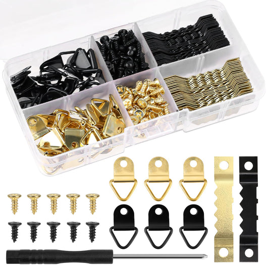 251 Pcs Photo Frame Hanging Kit, Including 50 Pcs Triangle Ring Hanger, 50 Pcs Sawtooth Picture Frame Hanging, 150 Pcs Screws,1 Pcs Screwdriver for Hanging Pictures Photos Drawing(Gold, Black)