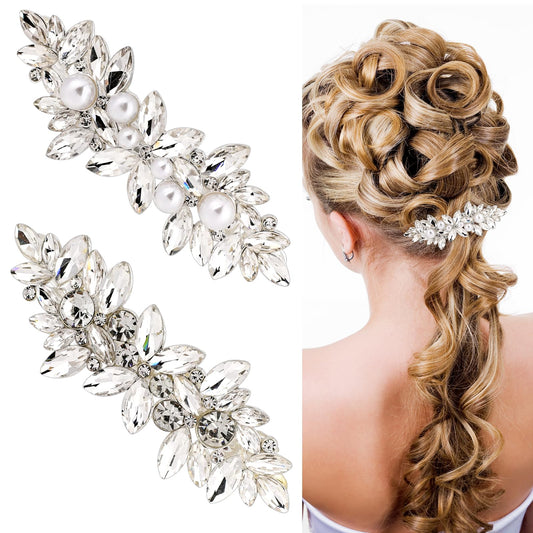 2 Pcs Sparkly Hair Clips Bridal Wedding Hair Clip Bridal Rhinestone Hair Barrettes for Women Pearl French Hairpins Silver Crystal Flower Vintage Hair Pins Wedding Accessories for Bridesmaid