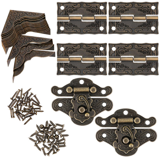 22PCS Jewelry Box Hinges and Latches Jewelry Box Hardware Small Hinges for Wooden Boxs Antique Engraved Latch Hasp Hinge and Boxs Corner Protectors Vintage Hardware for Jewelry-Box Decoration Repair