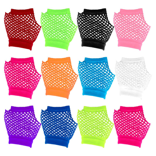 Fingerless Fishnet Neon Gloves, 12 Pairs 80s Fishnet Gloves Multicolor Mesh Lace Gloves Elastic Short Net Fishnet Fingerless Gloves for Women Girls 80s 90s Neon Rave Party Favors Costume Accessories