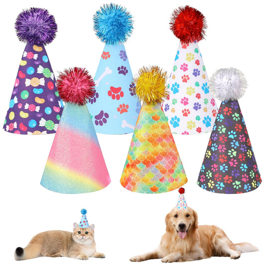 KALIONE 6 Packs Dog Birthday Hat Rainbow Dog Party Hats Cat Hats Mini Party Hats Cute Puppy Hats with Pompons Adjustable Grooming Headbands Birthday Hats for Kittens Puppies Dogs Small Medium Animals
