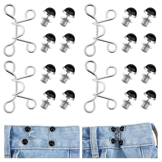 Mozeat Lens 24 Pieces Adjustable Waist Buckle Extender, Reusable Jean Buttons for Loose Jeans Pant Waist Tightener No Sewing Required Button Adjuster Detachable Buttons Pins (4 Set,Black Pearl)