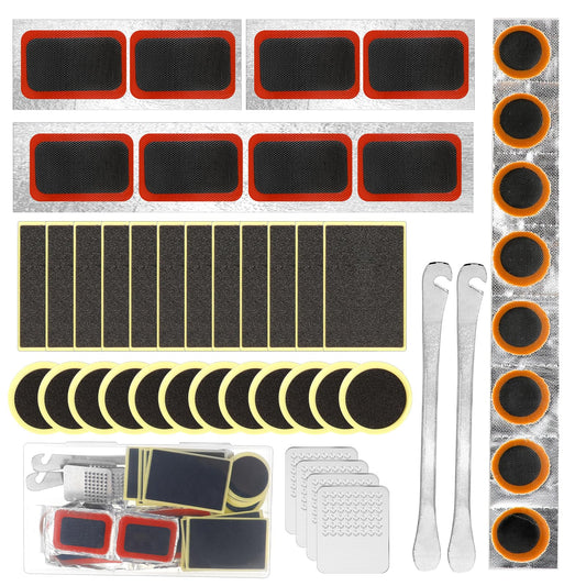 Bike Tyre Repair Kit Bike Tire Patch Repair Kit, 16 Vulcanizing Patches, 24 self-adhesive bike puncture repair patches, 4 Metal Rasps, 2 Metal Crowbar File, for Motorcycle Mountain Bike and Road Bike