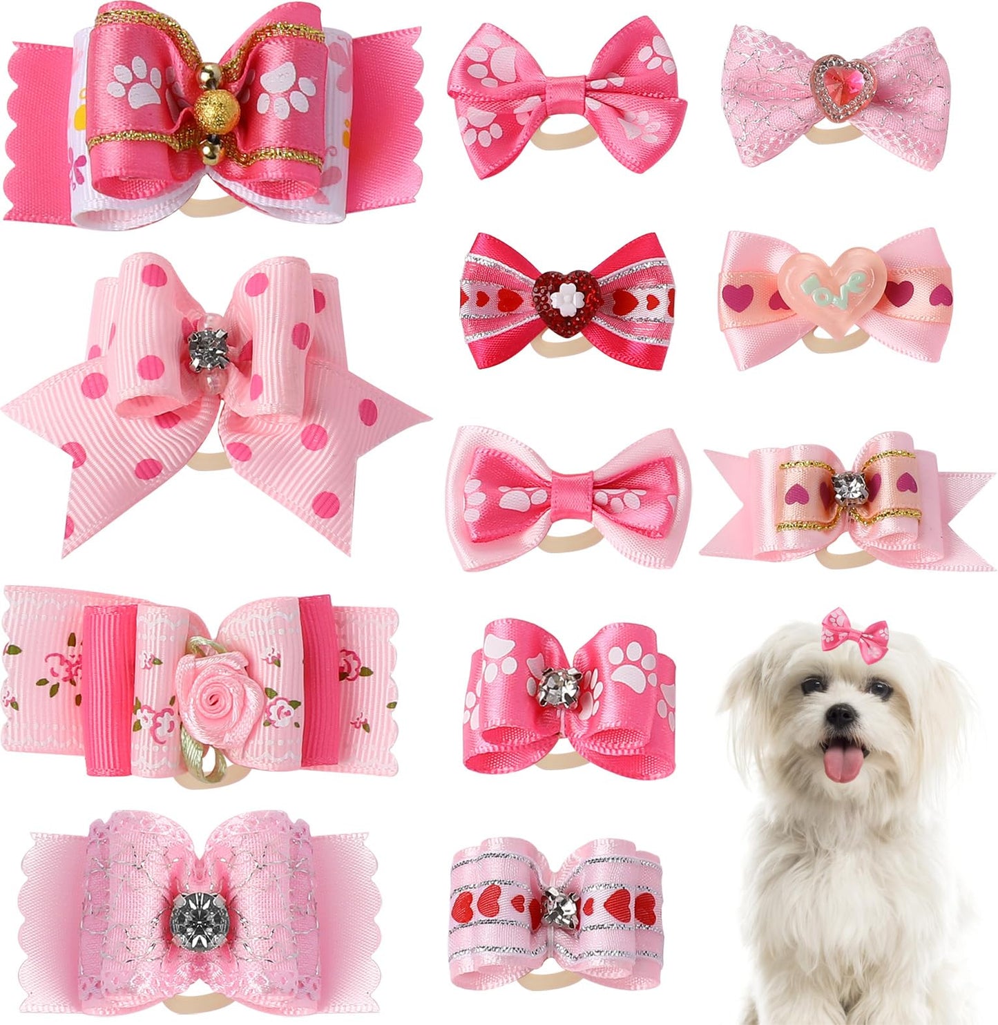 Styquenzer 12 PCS Dog Hair Bows for Small Size Dog, Cute Dog Bows with Rubber Bands Rhinestones Pearls Puppy Hair Bows Handmade Pink Small Dog Bows Pet Hair Grooming Accessories for Birthday